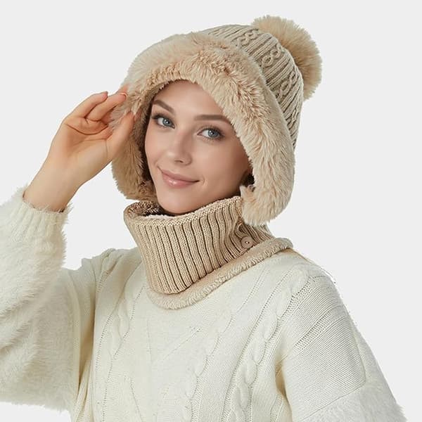 Hue, strikket vinterhue til kvinder med pompon, fleksibelt ski- og halsvarmersæt, perfekt til udendørs, camping, grå
