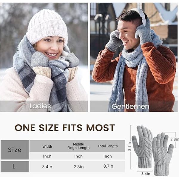 Termiska handskar - Vinterhandskar - Damhandskar - Handskar - Skidhandskar - Alpacka - 22 cm - Grå