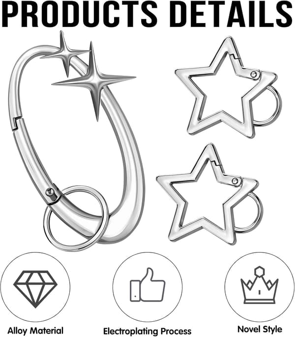 3-pack stjärnformade karbinhake-nyckelringar, glänsande nyckelringsklämmor i legering för bilnycklar, handväskor, ryggsäckar, plånböcker och väskberlocker, silver