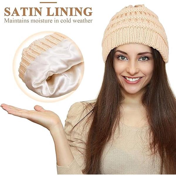Stickad vintermössa för kvinnor, varm slouchy skidmössa, satin foder, beige, passar 52-60cm