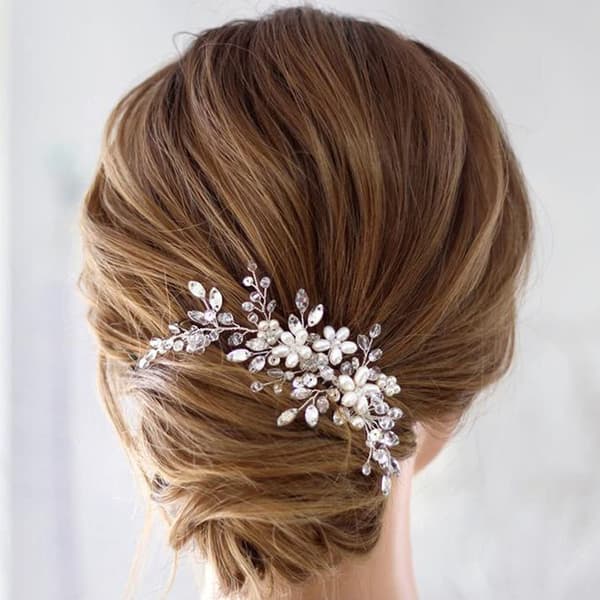 Brud bryllup hårkam perle blomst hårpynt rhinestone kvinder brudehår tilbehør (Sølv)