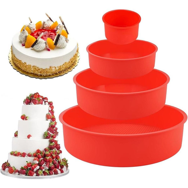 4-delt silikonebageformsæt - Runde non-stick forme - 4, 6, 8 og 10 tommer bageforme - Cheesecake, regnbuekage