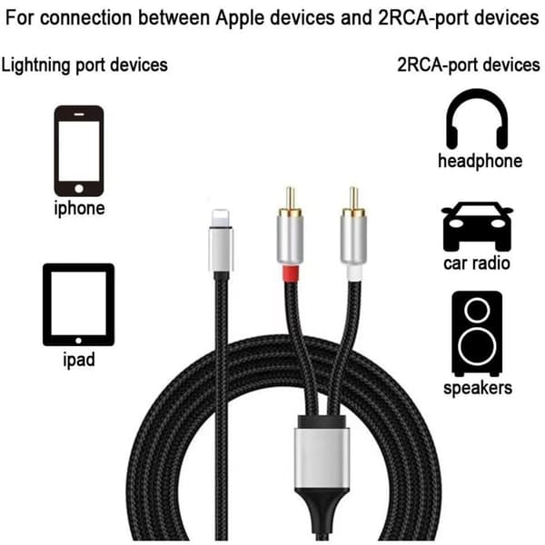 RCA-kabel til iPhone, Lightning til RCA-kabel til iPhone iPad Tablet, Stereo Aux-lydadapter til bil hjemmebiograf effektforstærker, 1M