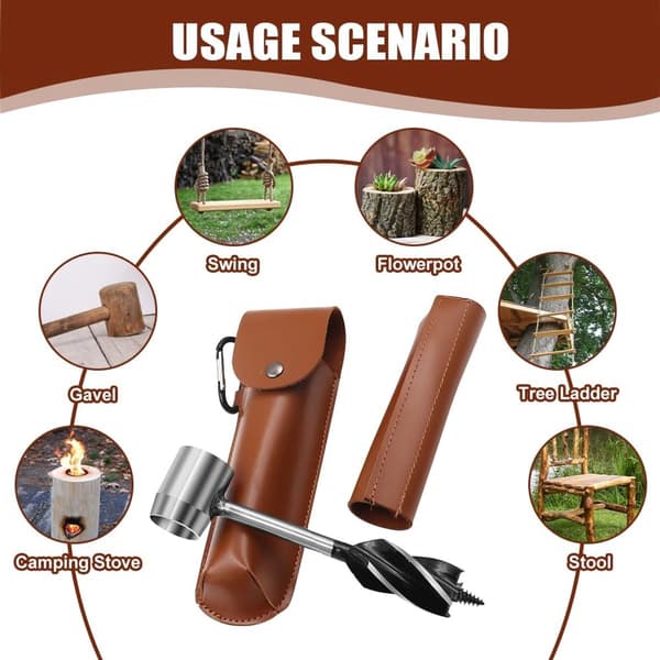 Campinghandsborr för Bushcraft, med läderfodral, träborr, manuell drift, brun