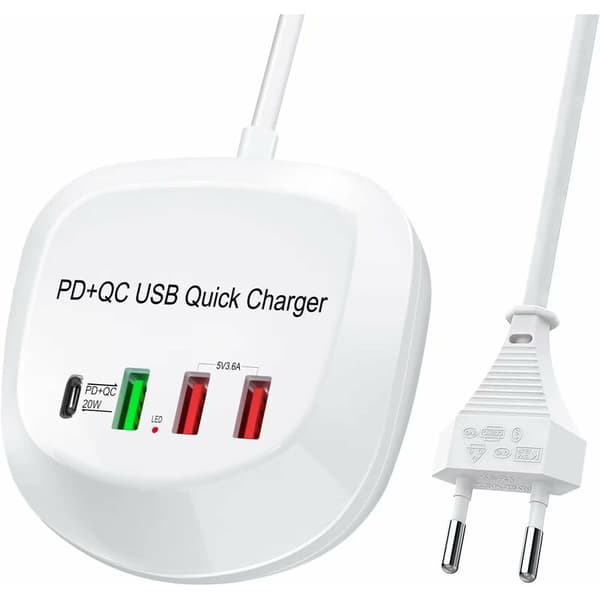 USB C Hurtiglader, USB PD QC 3.0 Strømlader til Hurtiglader 4 Porter Multippel USB Strømadapter for iPhone iPad