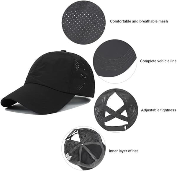 Solhat til kvinder - Baseballkasket med hestehale til kvinder - Hurtigtørrende sommerhat - Åndbart mesh - Krydshat