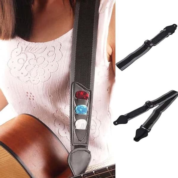 Gitarrband - Justerbart spänne - Gitarrband - för el- och akustiska gitarrer - med 3 plektrum - Svart - 130 cm