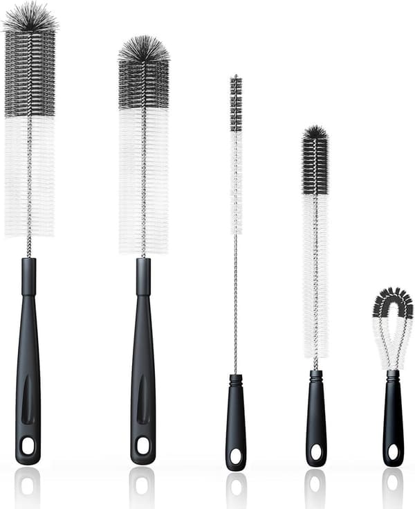 Pullonpuhdistusharjat, 5 kpl, monitoimiset kapeille pulloille, termospulloille, urheilupulloille, musta