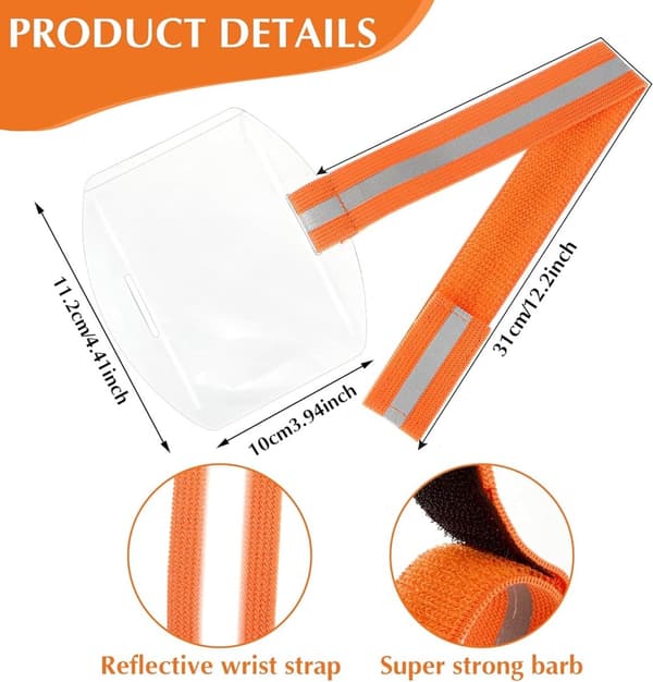 ID-kortholder for arm, oransje, vanntett PVC med refleksstripe, justerbar for skipass