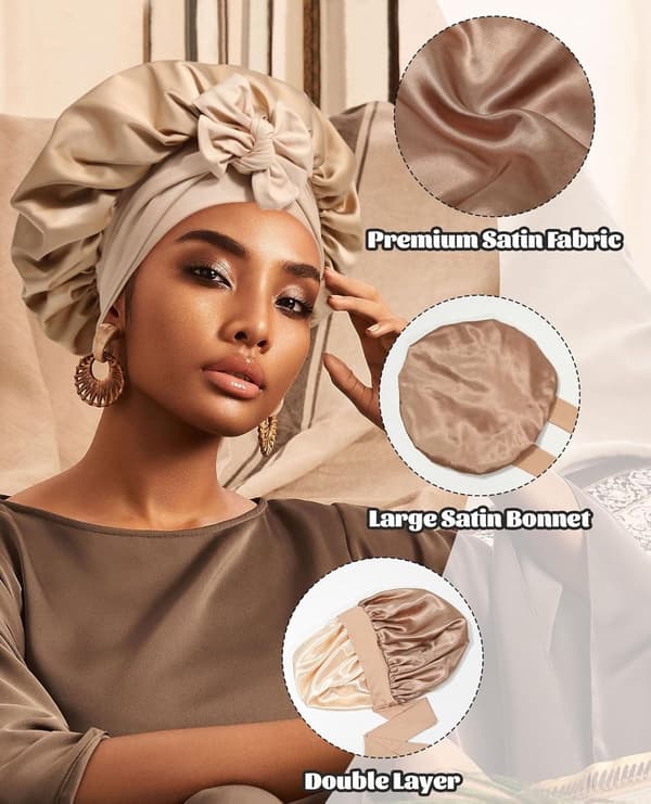 Satin Sovmössa - Justerbar Skyddande Hårmössa - 4-Pack - Khaki - Elastiskt Band - Bred Kant - Lämplig för Rakt Hår