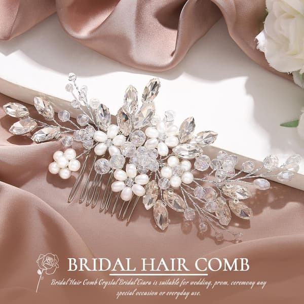 Brud bröllop hårkam pärlblomma hårprydnad strass dam brud håraccessoarer (Silver)