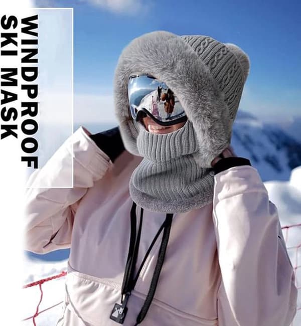 Hue, strikket vinterhue til kvinder med pompon, fleksibelt ski- og halsvarmersæt, perfekt til udendørs, camping, grå