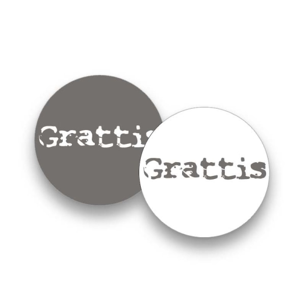 20 pack Etikett rund vit/grå matt grattis,2 designs 3,7cm i diam. U366