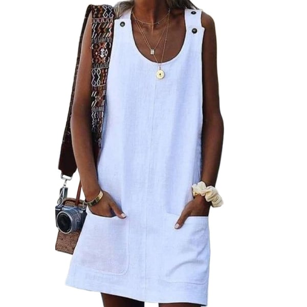 Dame kort mini kjole rund hals sommer strand solkjole tank kjole White 3XL