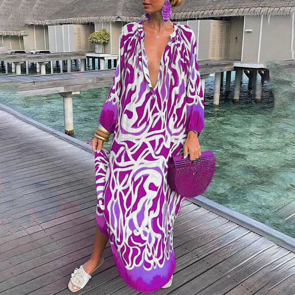 Dame V-hals kjole Color Block Maxikjoler Purple XL