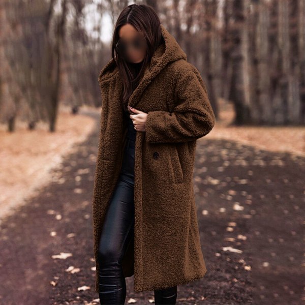 Dame ensfarvet med lommer overfrakker åben front afslappet frakke Brown XL