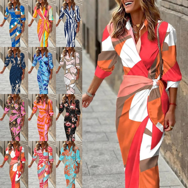Kvinder geometrisk lang kjole blomsterprint sommer strand solkjole 5 Blue Orange 3xl