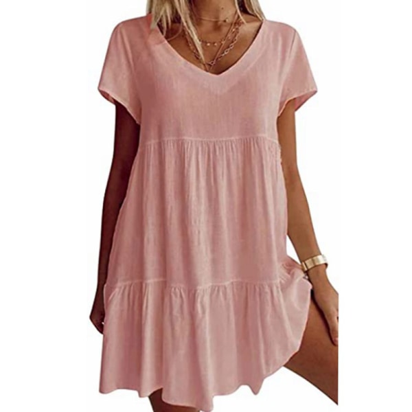 kvinnor sommar kortärmad volangfåll tunika t-shirt Klänningar Pink 2XL