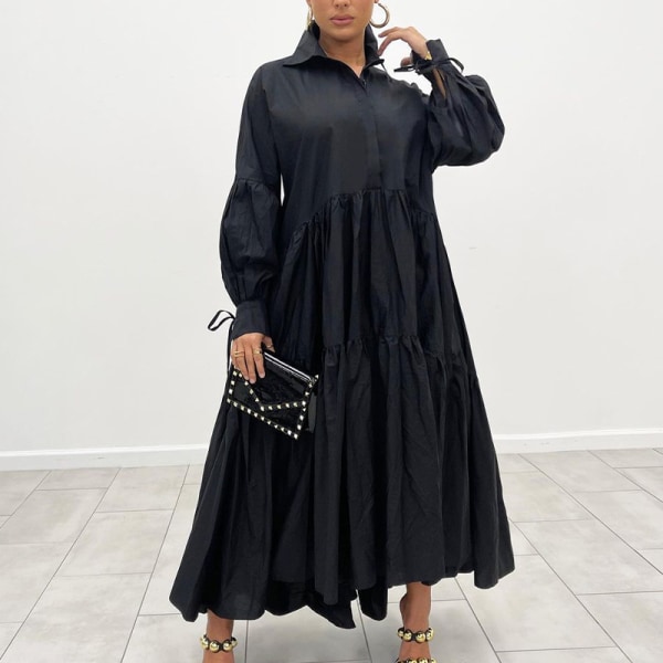 Kvinder ensfarvet skjortekjole flæsende maxi-kjoler Black L