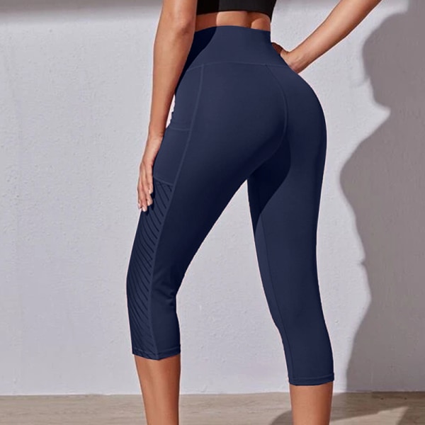Yogabyxor med hög midja för kvinnor Sports Cropped byxor med fickor marinblå XL