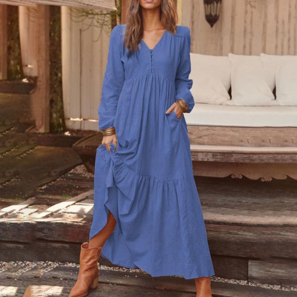 Naisten casual pitkä hame röyhelöinen Swing mekko taskunapit Navy Blue,XL