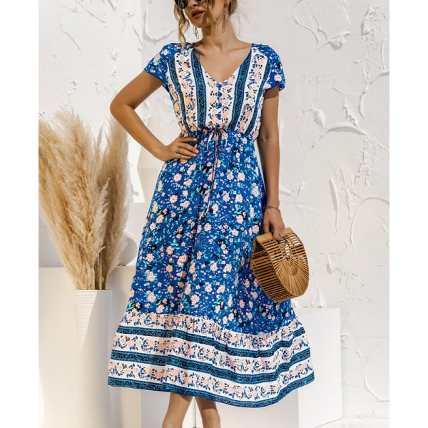 Naisten Maxi-mekot print pitkä mekko Sundress lyhythihainen Blue XL