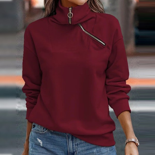 Kvinder langærmet ensfarvet lynlås sweatshirts med høj hals Claret 2XL