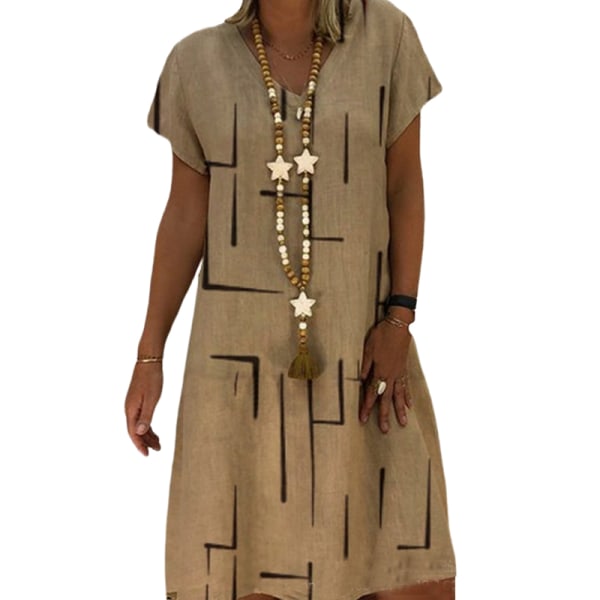 Kvinnor V-hals A Line-klänning Miniklänningar Kortärmad Summer Beach Khaki 2XL