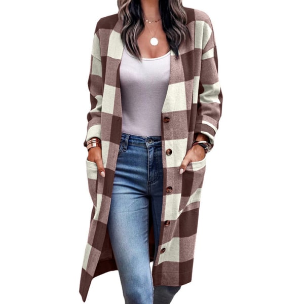 Naisten neuletakit, ruudullinen takki Light Brown XL