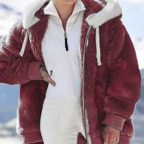Naisten pörröinen talvi lämmin pehmovuori vetoketjullinen hupullinen takki Red S