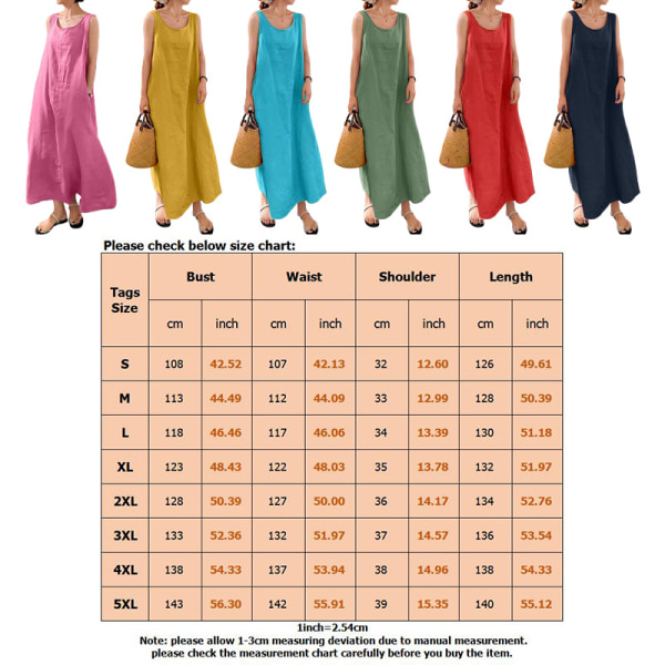 Kvinnor ärmlösa Maxiklänningar Enfärgad sommar strandsolklänning Blue 3XL