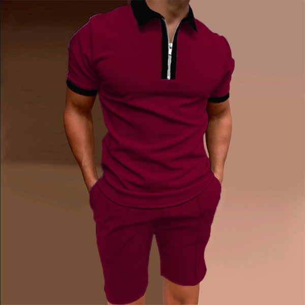 Herr 2 st Loungewear Skjorta Träningsoverall Wine Red L