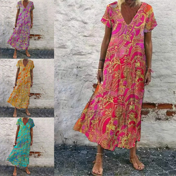 Kvinner Lang kjole Kortermet Maxikjoler VNeck Sundress Casual Purple S 9d0b  | Purple | Polyester | Fyndiq