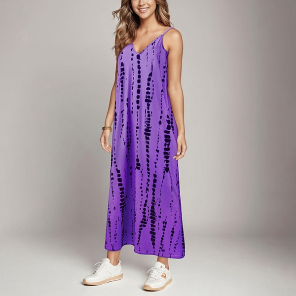 Kvinnor Tie Dye Spaghetti Straps Long Dress Summer Beach Sundress Purple 4XL