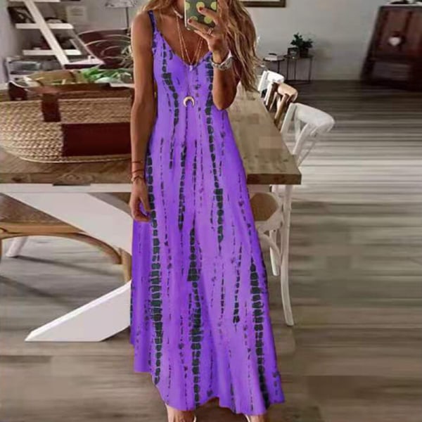 Kvinnor Tie Dye Spaghetti Straps Long Dress Summer Beach Sundress Purple 4XL