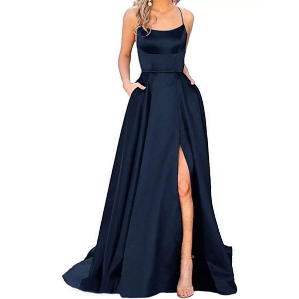 Damer lång klänning Scoop Neck Spaghetti Straps Maxiklänningar Sexiga Navy Blue S