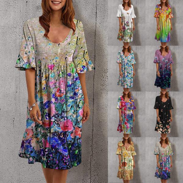 Lady Summer Midi Dress Casual Flowy Blomstertryk A-line kjole Purple XL