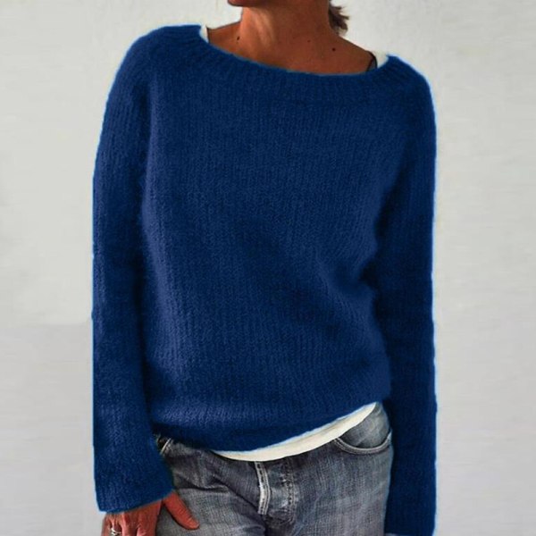 Naisten pitkähihainen pyöreäkauluksinen neulepusero yksivärinen villapaita Blue S