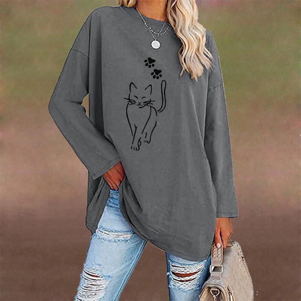 Dame Cat Print Logline Tunika Bluse Baggy Crew Neck Pullover Grey S