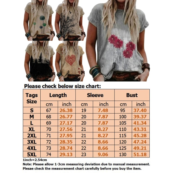 Kvinder Short Sleep Toppe Tee Kreativ trykt kortærmet T-shirt Floral Print L