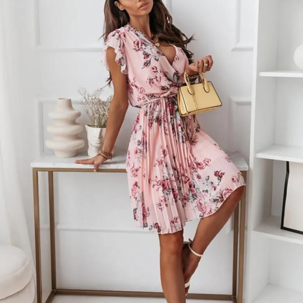 Kvinnor blommig V-ringad miniklänning sommar kortärmad solklänning Pink,S