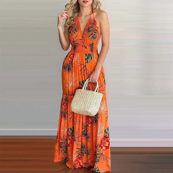 Dam solklänning V-ringad Maxiklänningar Lång klänning Beach Holiday Orange L