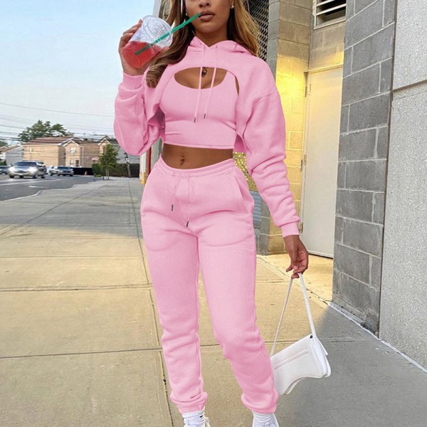 Kolmiosainen puku, naisten O-pääntie, hupullinen takki Camisole housut Pink XL