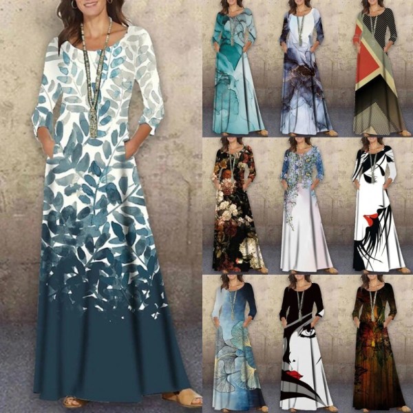 Dame abstrakt trykt fuld længde kjole med blomsterprint Maxi Element-F XXL