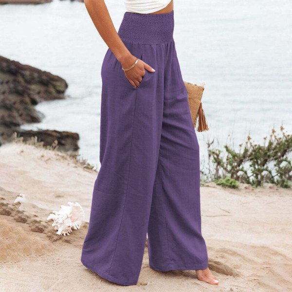 Kvinder højtaljeunderdele Løs afslappet bomuldslinned Pant med brede ben Purple 2XL