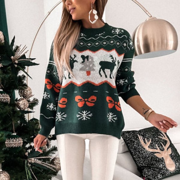 Ladies Snowflake Printed Pullover Winter Warm Jumper Tops Green L