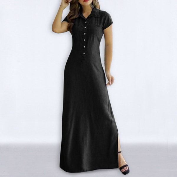 Kvinder kortærmet solkjole Button Down lang kjole Black 2XL