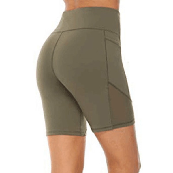 Kvinders højtaljede yogashorts Skinny Workout-sidetaske Khaki green,XL
