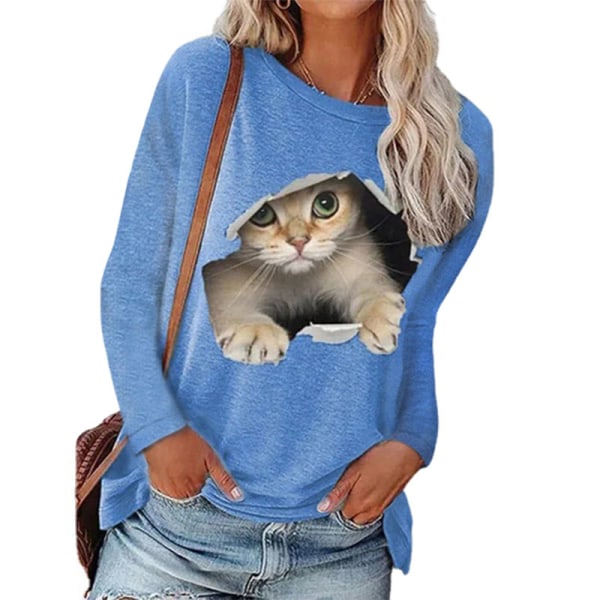 Kvinder Cat Print rund hals afslappet løs top langærmet sweater Light Blue L