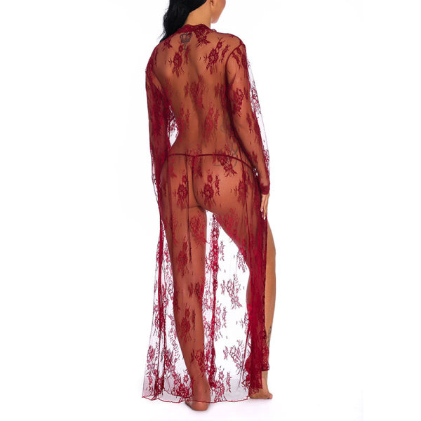 Sexig pyjamas kofta i spets för kvinnor i ett stycke Red Wine,M